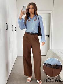 Easowa 2 Stücke Blumen gestickte Puffärmel Kragen Knopfleiste Hemd & Weite Bein Hose Anzug, Lässig locker elegantes Büro-Outfit für Damen