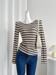 SHEIN LUNE Women's Striped Round Neck Long Sleeve Casual Backless T-Shirt - Multicolor - View 1