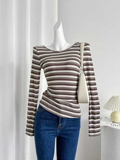 Celisse Women's Striped Round Neck Long Sleeve Casual Backless T-Shirt