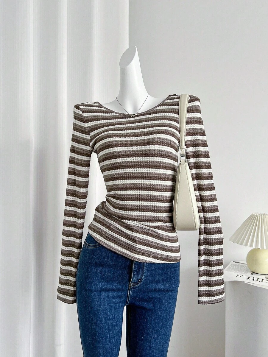 SHEIN LUNE Women's Striped Round Neck Long Sleeve Casual Backless T-Shirt - Multicolor - View 1
