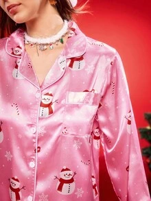 女士休闲长袖上衣和裤子睡衣套装（2件套），秋季服装，圣诞节 - 粉色 - 查看 5