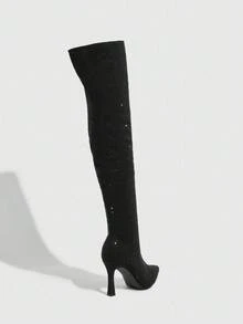 CUCCOO SZL Giày bốt cao đến đùi đính đá Rhinestone thời trang dành cho nữ, gợi cảm và quyến rũ cho tiệc tùng, biểu diễn, câu lạc bộ đêm - màu đen - Xem 6