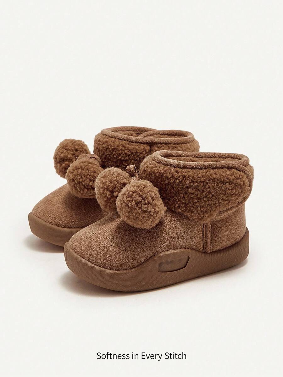 Cozy Pixies 秋冬百搭休闲时尚百搭毛绒加厚保暖可爱柔软宝宝雪地靴搞怪小球短靴拖鞋 - 棕色 - 查看 1
