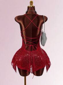 Amplova 圣诞派对亮片网眼露背细肩带迷你连衣裙 - 紅色 - 查看 3