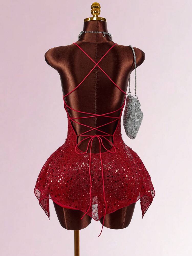 Amplova Vestido mini con tirantes de espagueti, espalda descubierta y malla con lentejuelas para fiesta de Navidad - Rojo - Añade 3