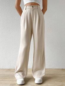 SHEIN EZwear Pantalon droit décontracté pour femme avec ceinture de taille - Beige - Voir 4