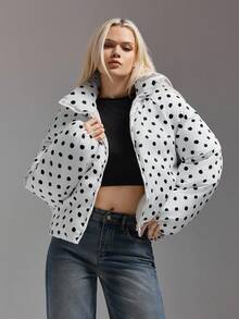 SHEIN ICON 女式波尔卡圆点印花超大高领长袖休闲棉服外套，秋冬 - 黑與白 - 查看 3