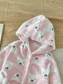 SHEIN 少女卡通图案连帽领长袖家居服，粉色 - 粉色 - 查看 4