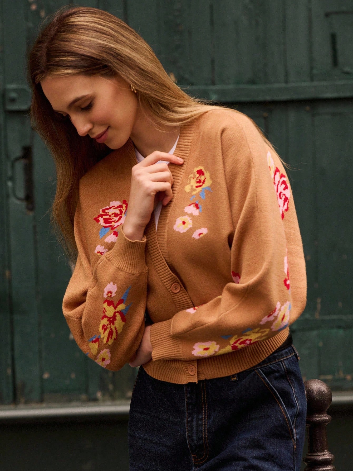 Cardigan de Tricô com Contraste e Jacquard Floral, Roupas Femininas de Outono