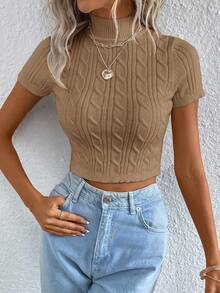 Siren Gaze Women's Solid Color High Neck Raglan Short Sleeve Casual Twist Knit Cropped Top Autumn Winter Clothes For Women Summer - Camel - View 7