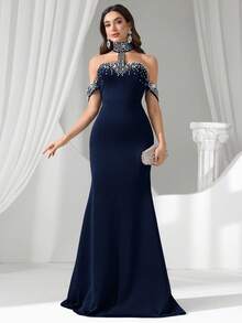 Formal Evening Gown (Heavily Embellished) - Navy Blue - View 1