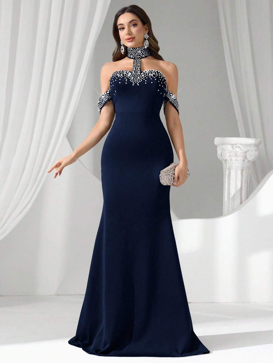 Formal Evening Gown (Heavily Embellished) - Navy Blue - View 1