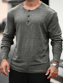 Manfinity Homme 男士纯色纽扣半开襟长袖休闲T恤，秋季款 - 軍綠色 - 查看 5