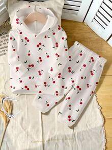 2 件套女童休闲樱桃图案连帽衫和运动裤套装，时尚创意设计，适合秋季 - 彩色 - 查看 4