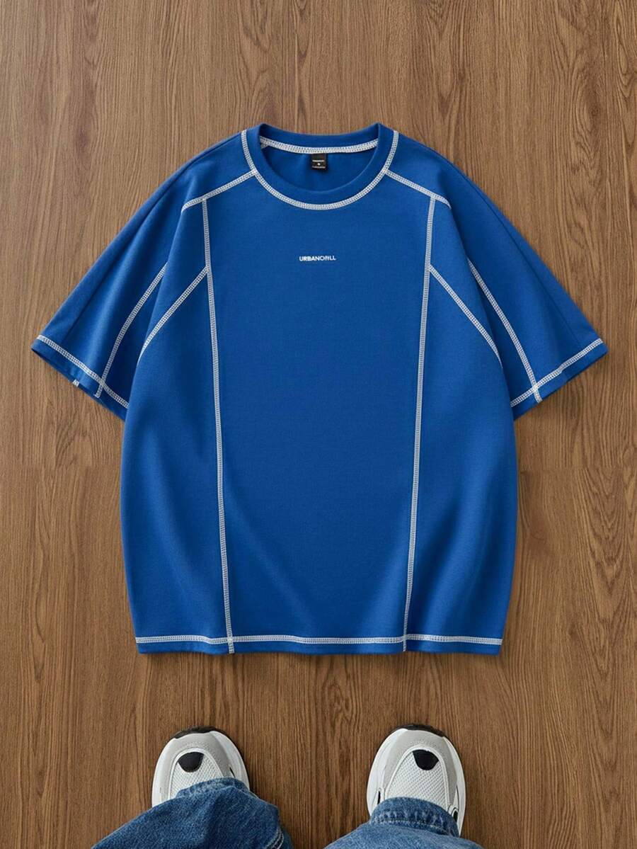 Manfinity VCAY 男士针织休闲宽松短袖T恤 - 藍色 - 查看 1