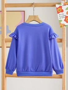 DORA | SHEIN 年轻女孩可爱卡通猴子与花朵印花圆领荷叶边长袖休闲运动户外紫色卫衣 - 紫色 - 查看 2