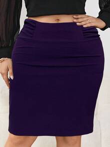 SHEIN Tall CURVE Plus Size Solid Color Pleated Bodycon Elegant Skirt - Purple - View 3