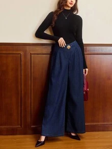 Vintamour Women's Fashionable High Waist Pleated Wide Leg Jeans Denim Trousers With Decorative Button,Dark Blue,Summer,Elegant,Brunch,Chic Versatile Pants - Dark Wash - View 6