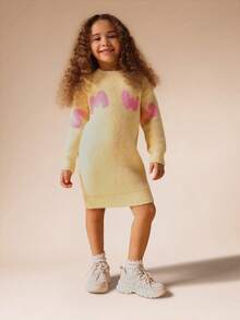 SUMWON فستان بتصميم قلوب فرو طويل الأكمام بنمط محبوك، فستان قصير بنمط البلوفر دافئ ومريح للحفلات والمناسبات الكاجوال في فصل الخريف والشتاء - أصفر - مشاهدة 3