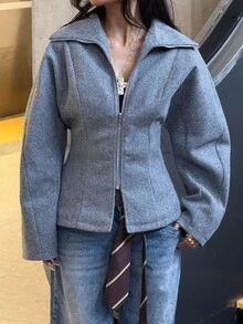 Muchica Women's Gray Long Sleeve Zip-Up Casual Regular Jacket Autumn Winter Clothes For Women - Grey - View 1