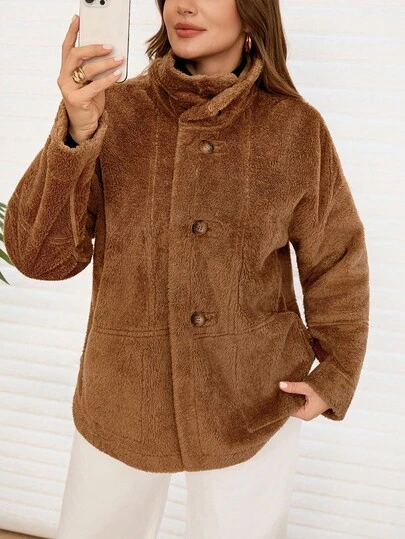 EMERY ROSE 秋冬大码女式仿鹿绒双面夹克，带口袋