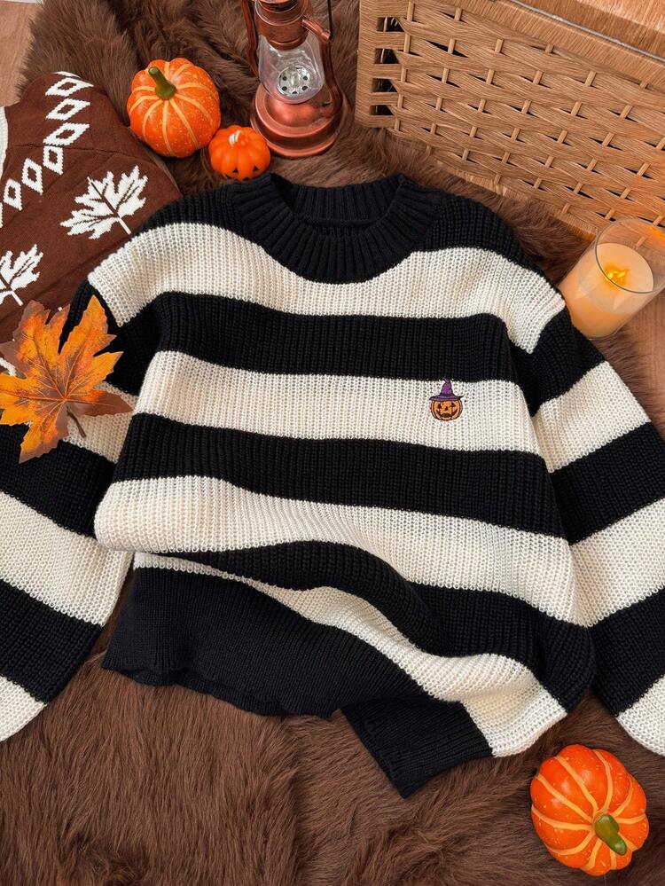 Tween Girl Colorblock Striped Pumpkin Embroidery Sweater