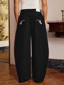 SWAVVY Standard Size Men Fashion Casual Super Loose Blue Striped Embroidered Long Pants, Fall - Black - View 1