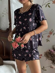 CottageSlumber Floral Rib Knit Loose Fit Short Sleeve Top & Shorts Women Pajama Set Black Pj Set Women, Christmas - Black - View 6