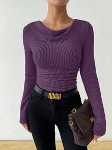 Almamuse Vintage Asymmetrical Draped Neck Textured Ruched Fitted Long Sleeve T-Shirt - Purple - View 4