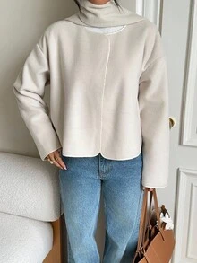 SHEIN EZwear Women's Winter Coat Beige Winter Coat Women Old Money Women's Casual Solid Color Wool Blend Jacket, Autumn/Winter Winter Clothes Women - Apricot - View 3
