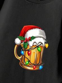 Manfinity Homme Sudadera holgada de cuello redondo con estampado navideño de cerveza para hombres talla grande en color negro, adecuada para fiestas navideñas, regalo para esposo/novio, otoño/invierno