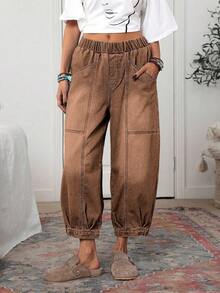 EMERY ROSE 女式休闲松紧腰宽松水洗牛仔裤，秋季 - 咖啡棕 - 查看 6