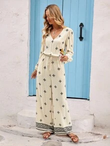 Vivid Eden 女式印花V领口袋休闲长袖连体裤 - 杏色 - 查看 3