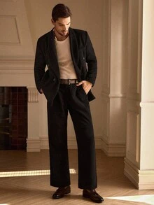 Mainfolk Men's Solid Color Double-Breasted Suit Jacket With Pants Set - Black - View 3