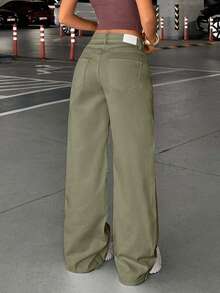 EURMUSE WOMEN LOOSE LOW WAIST WIDELEG EVERYDAY CASUAL JEAN - Khaki - View 2