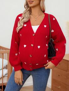 SHEIN 孕妇休闲心形刺绣开衫，秋冬 - 紅色 - 查看 1