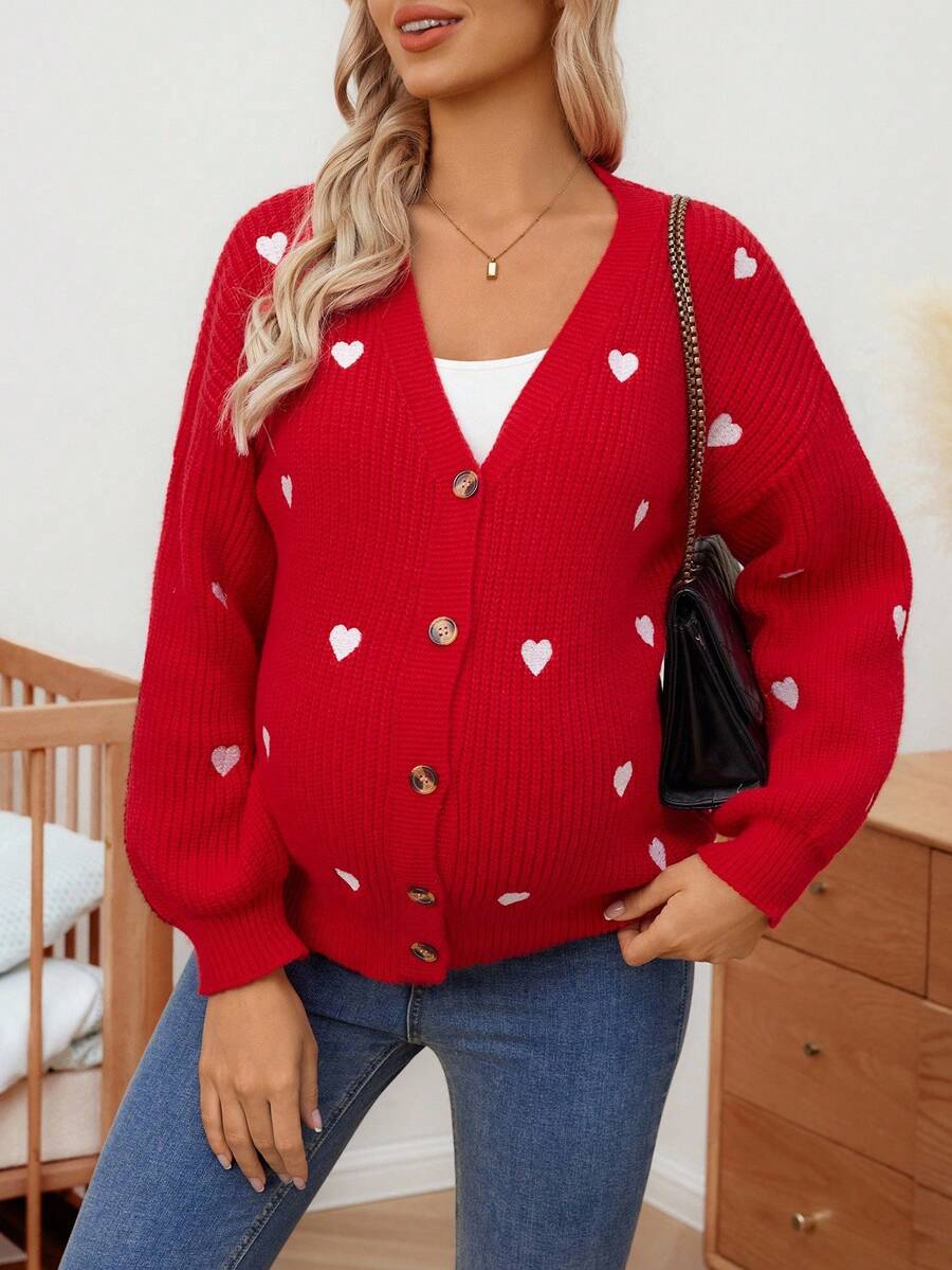 SHEIN 孕妇休闲心形刺绣开衫，秋冬 - 紅色 - 查看 1