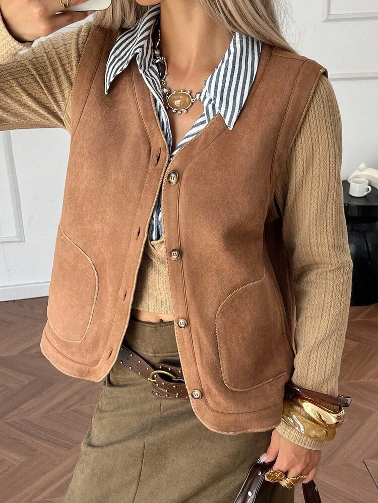 Women's V-Neck Suede Floral Embroidery Printed Sleeveless Short Vest, Casual & Elegant Jacket