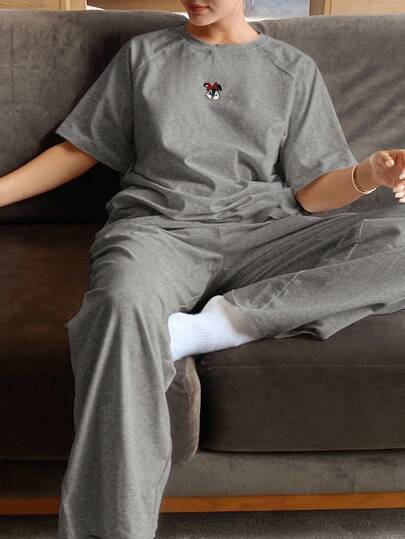 DAZY 2件套可爱卡通印花插肩袖短袖T恤和宽松裤子睡衣套装