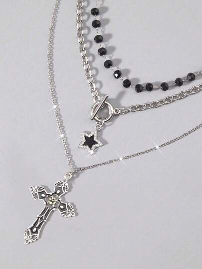 Goth 3 pezzi Set di collane stile gotico con perline nere, cuore rosso e croce rossa, regalo di Ognissanti