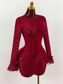 Amplova Váy ngắn nữ, họa tiết da báo, hở lưng gợi cảm, tay lưới mỏng, xẻ tà phía trước, thu/đông - Đỏ - Xem 6