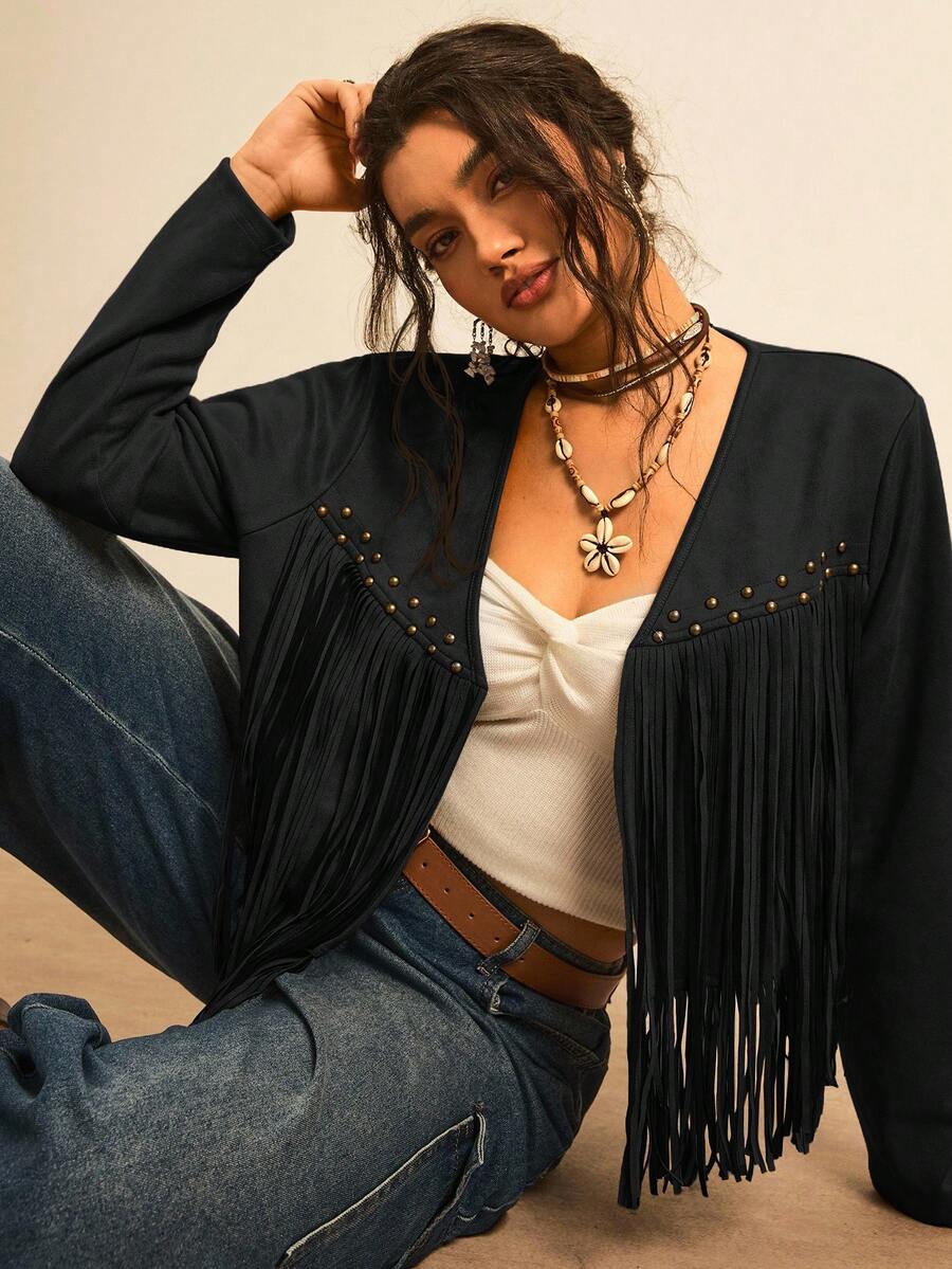 Freevana Plus Size Solid Color Drop Shoulder Long Sleeve Fringe & Rivet Decor Jacket/Winter - Black - View 1