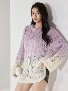 Heiryn 女士休闲渐变镂空宽松针织超大毛衣，秋冬 - 彩色 - 查看 6