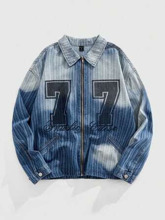 Street Life Herren Lässige Mode Street Farbverlauf Verwaschen Reißverschluss Denim Jacke mit Nummer- und Buchstaben-Muster, geeignet für Frühling und Herbst