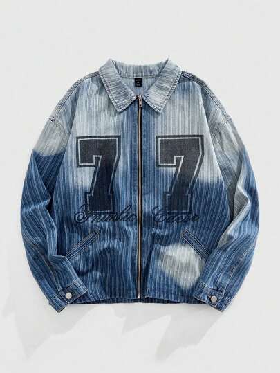 Street Life Giacca di jeans casual da uomo con chiusura lampo, stile urban, lavaggio sfumato, con stampa numerica e grafica, adatta per primavera e autunno