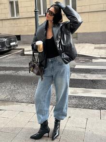 SHEIN BAE Veste décontractée à manches longues, ample et de couleur unie, mode hiver pour femmes - Noir - Voir 8