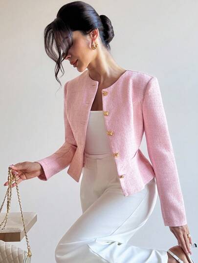 Firerie Women's Elegant, Refined, Minimalist Romantic Daily Wear, New Commuting & Dating Street Fashion Round Neck Metal Buckle Waist A-Line Hem Long Sleeve Textured Wool Blend Short Jacket, Pink In Fall/Winter,Cozy Fall And Winter Clothes For Women