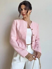 Firerie Áo khoác ngắn bằng len pha họa tiết cổ tròn, eo kim loại, viền chữ A, tay dài, thanh lịch, tinh tế, tối giản, lãng mạn dành cho nữ, thời trang đường phố đi làm và hẹn hò, màu hồng vào mùa thu/đông - Hồng - Xem 2