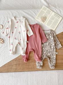 3pcs Newborn Baby Boys/Girls Soft & Comfortable Thin Floral Print Zipper Jumpsuit Set, Long Sleeve Romper & Pants, Casual Outfit For Autumn/Winter - Multicolor - View 5