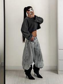 StreetHx Women Solid Color Round Neck Loose Boxy Cropped Washed Sweatshirt,Long Sleeve Tops Graduation,Back To School Outfits,Graduation,Teacher Outfits For Women,Back To School Pullover Fall Outfit - Grey - View 4